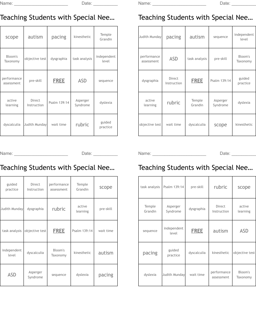 Teaching Students with Special Needs-C Bingo Cards