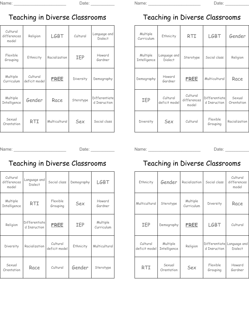 Teaching in Diverse Classrooms Bingo Cards