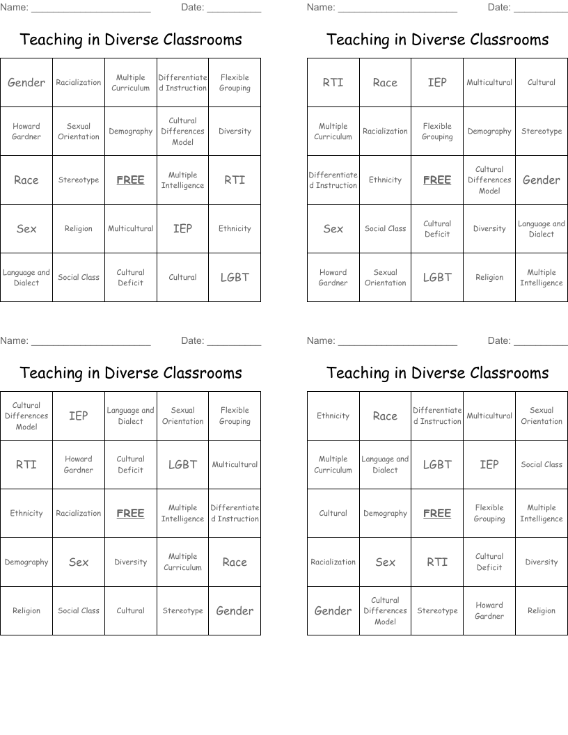 Teaching in Diverse Classrooms Bingo Cards