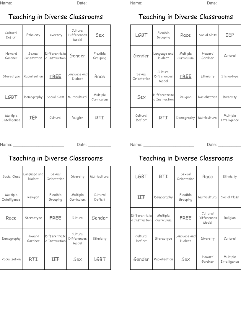 Teaching in Diverse Classrooms Bingo Cards