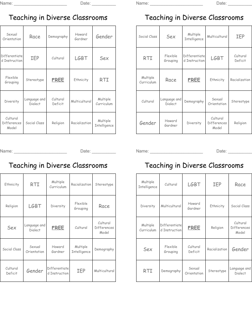 Teaching in Diverse Classrooms Bingo Cards