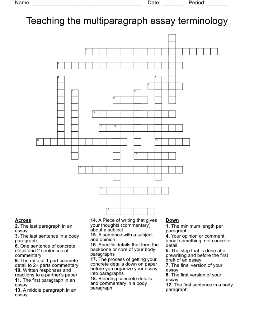 Teaching the multiparagraph essay terminology Crossword