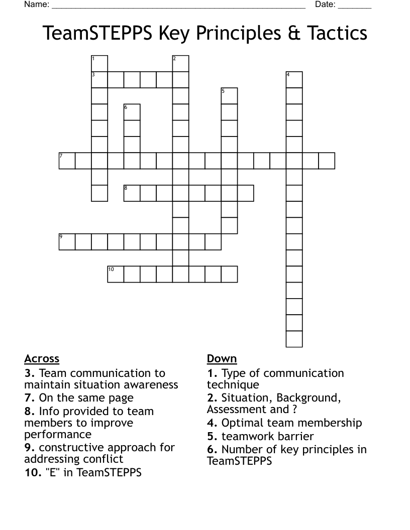 TeamSTEPPS Key Principles & Tactics Crossword