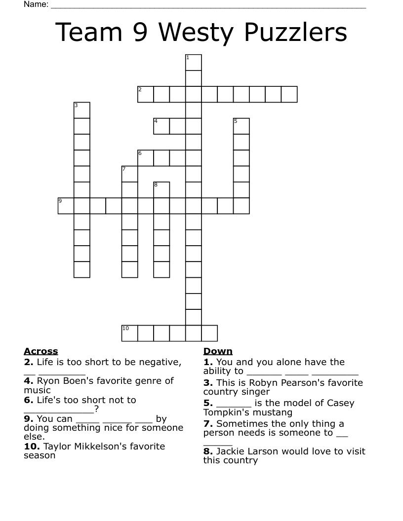 Team 9 Westy Puzzlers Crossword