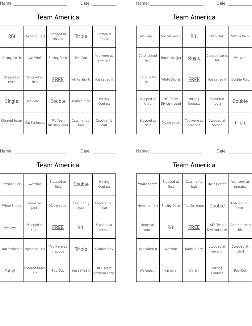 Team America Bingo Cards