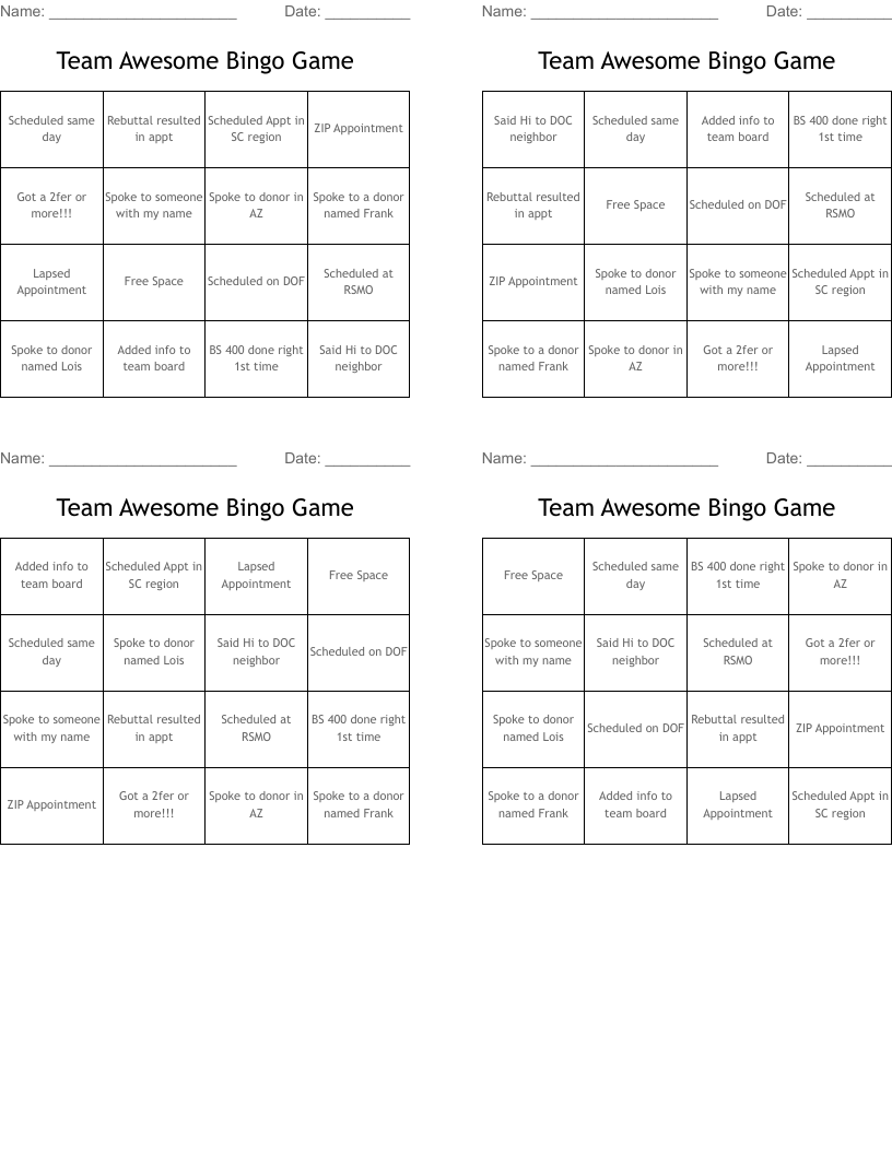 Team Awesome Bingo Game