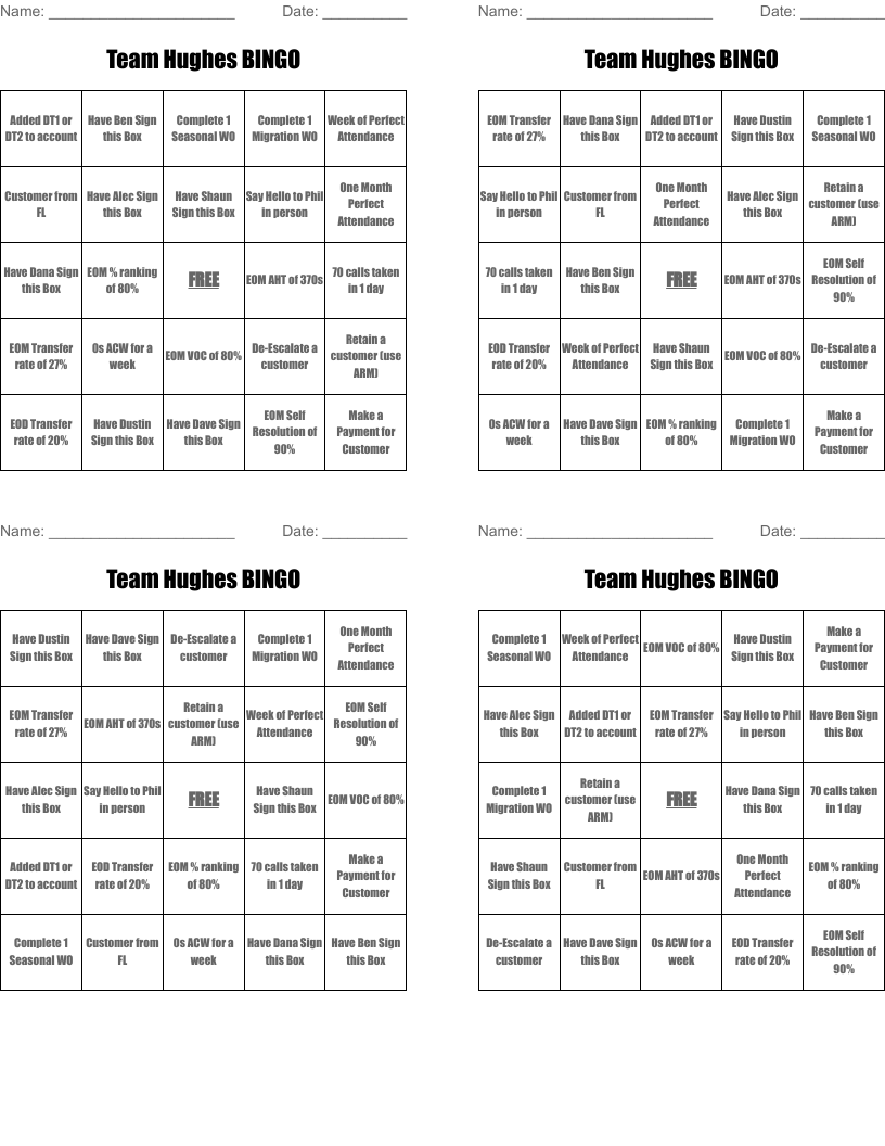 Team Hughes BINGO