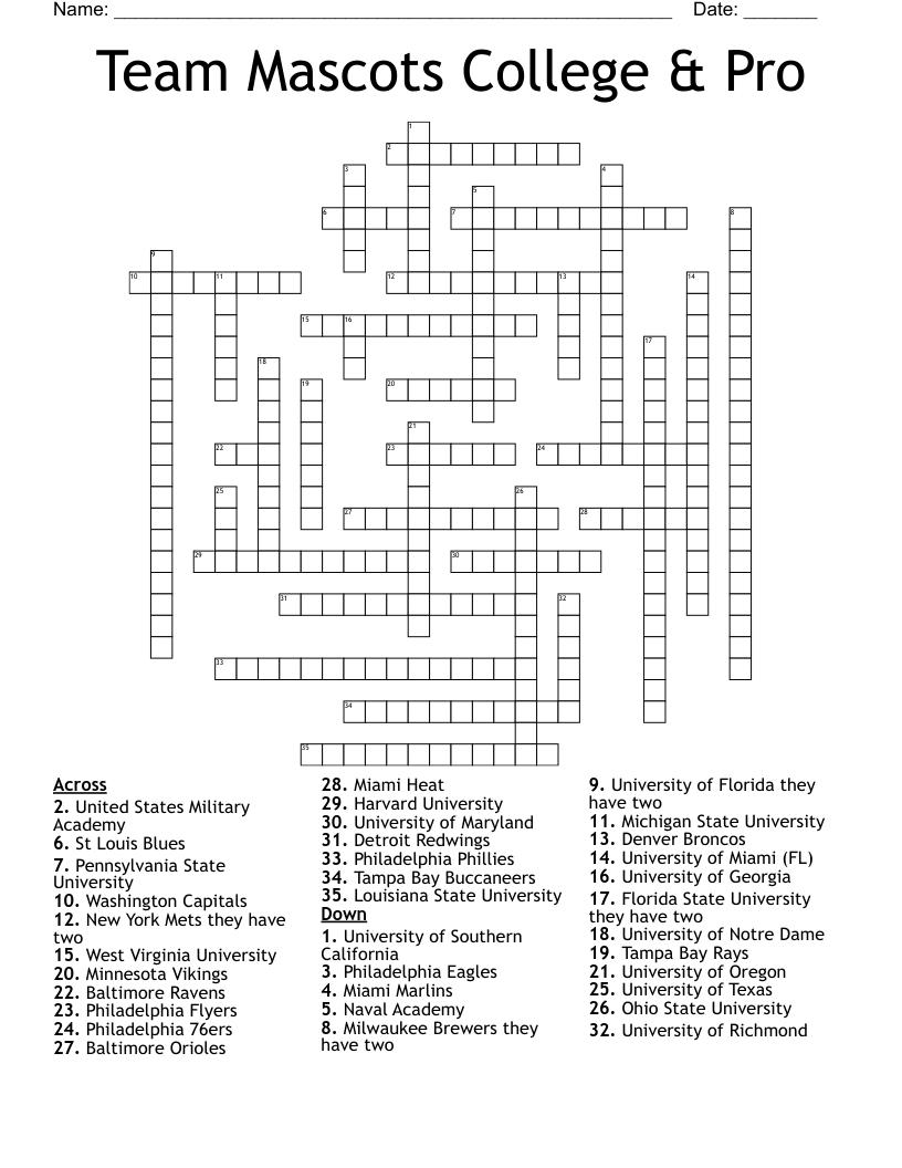 Team Mascots College & Pro Crossword
