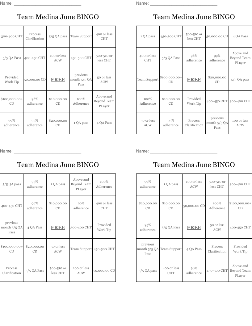 Team Medina June BINGO