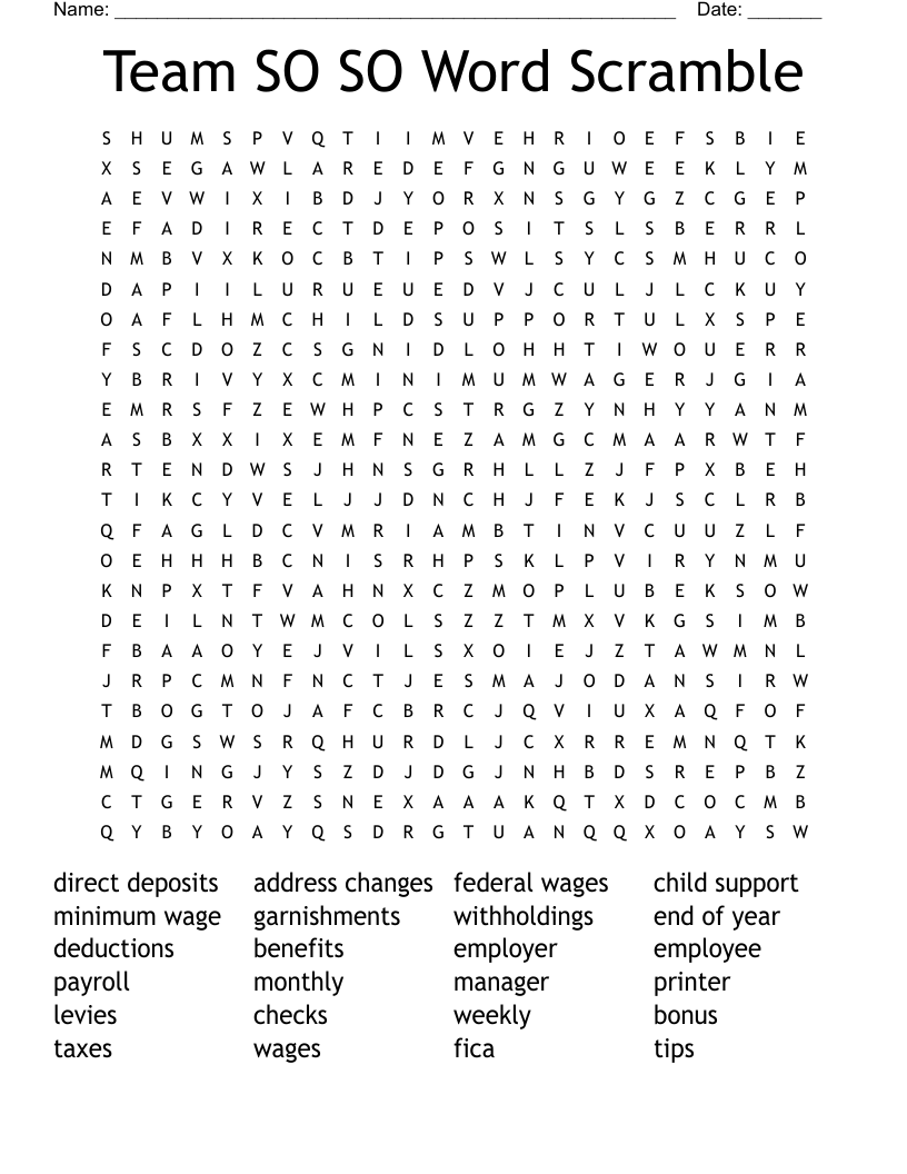 Team SO SO Word Scramble Word Search