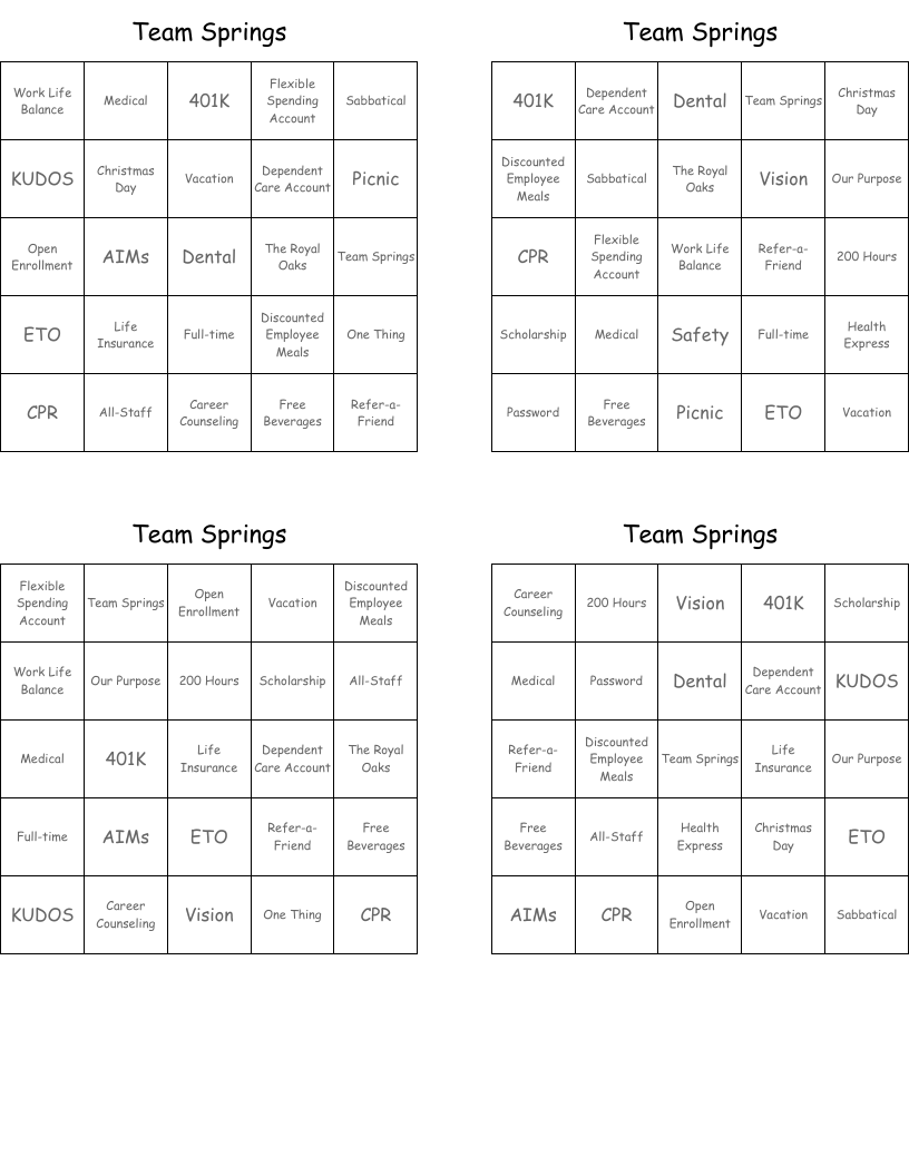Team Springs Bingo Cards