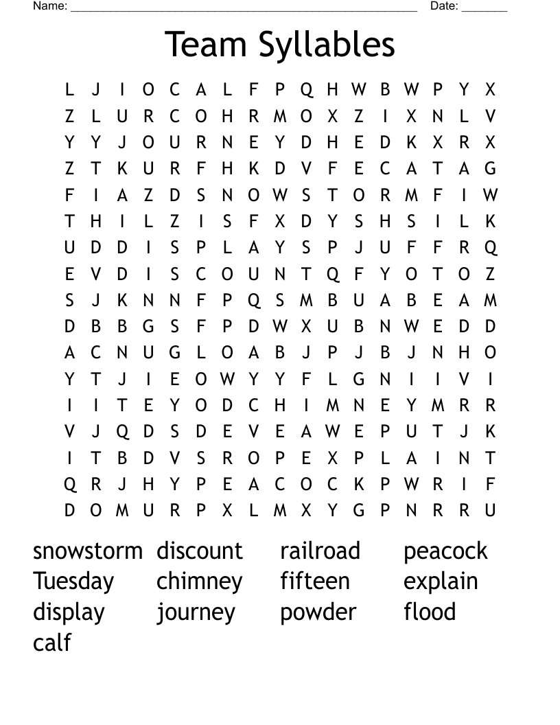 Team Syllables Word Search