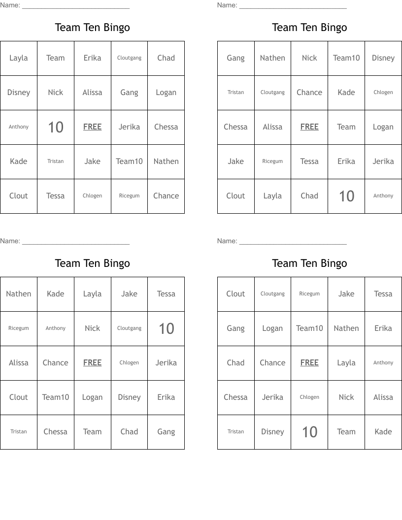 Team Ten Bingo