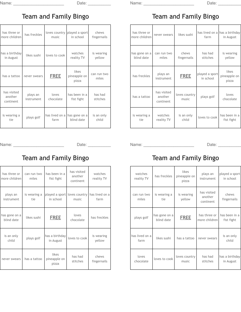 Team and Family Bingo 