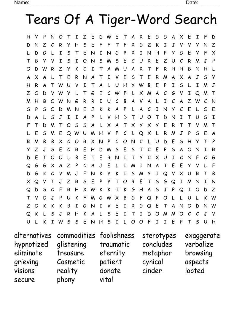 Tears Of A Tiger-Word Search