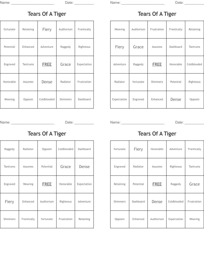 Tears Of A Tiger Bingo Cards