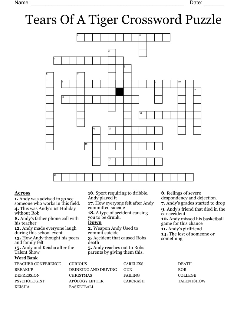 Tears Of A Tiger Crossword Puzzle