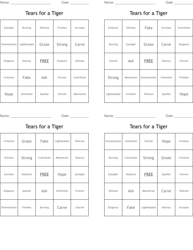 Tears for a Tiger Bingo Cards
