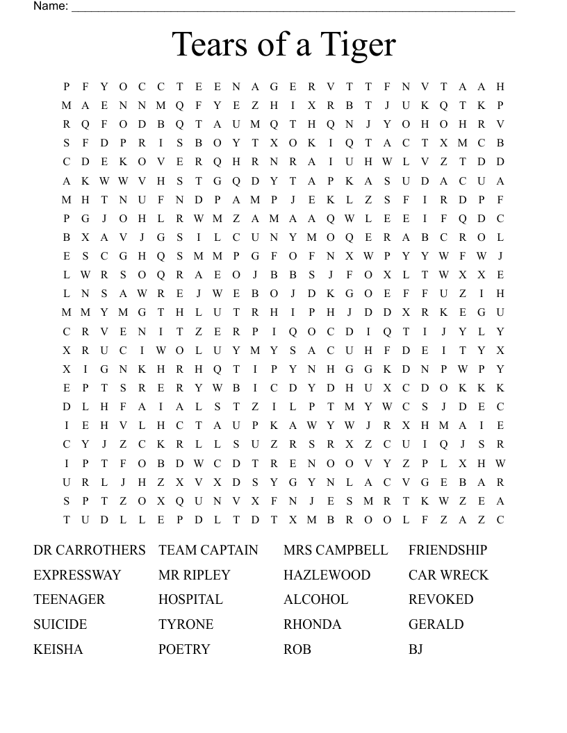 Tears of a Tiger Word Search