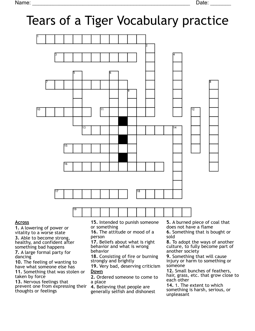 Tears of a Tiger Vocabulary practice Crossword