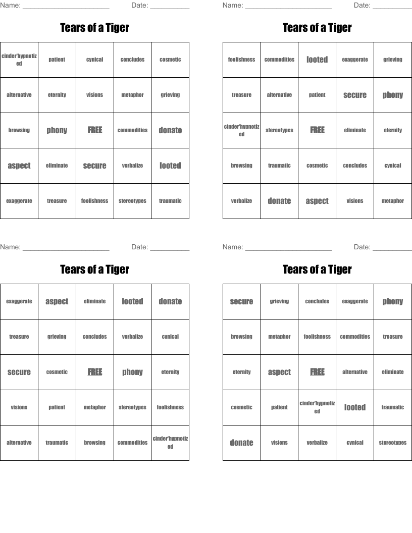 Tears of a Tiger  Bingo Cards
