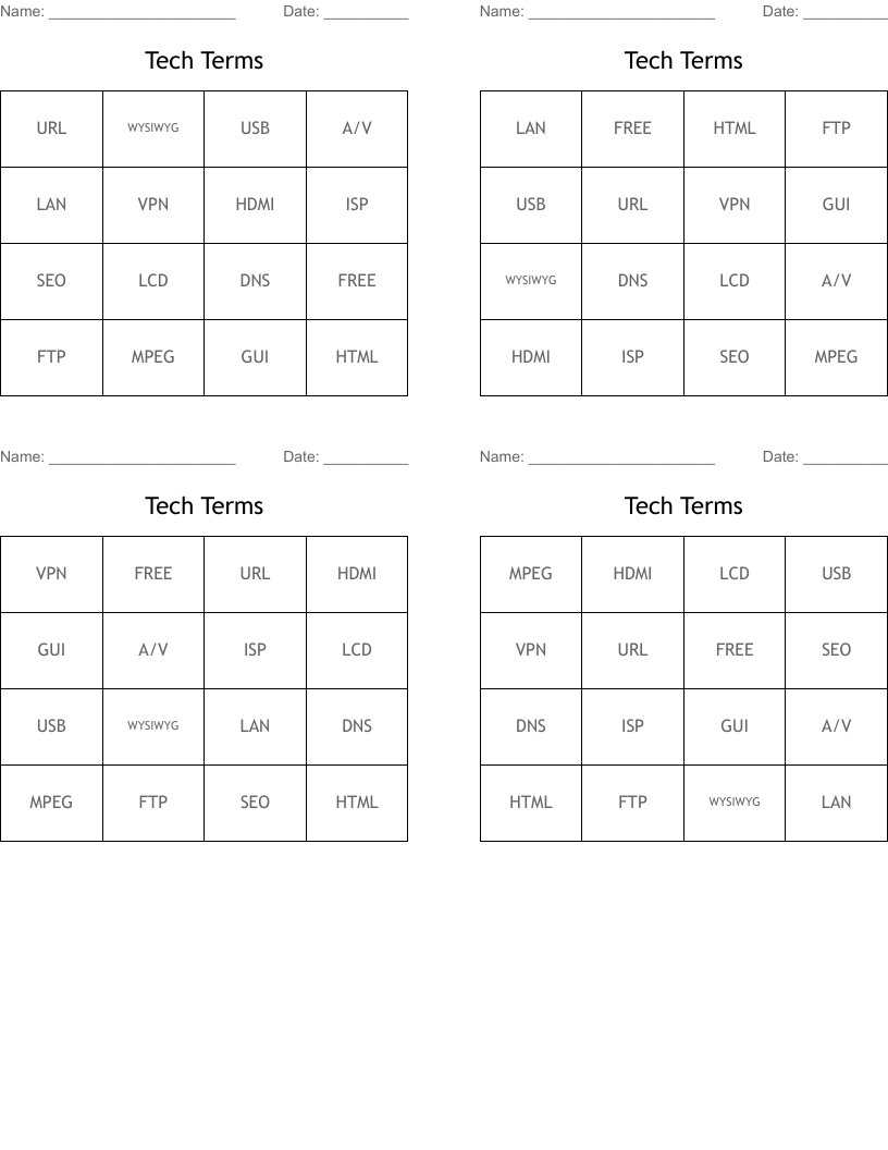 Tech Terms Bingo Cards