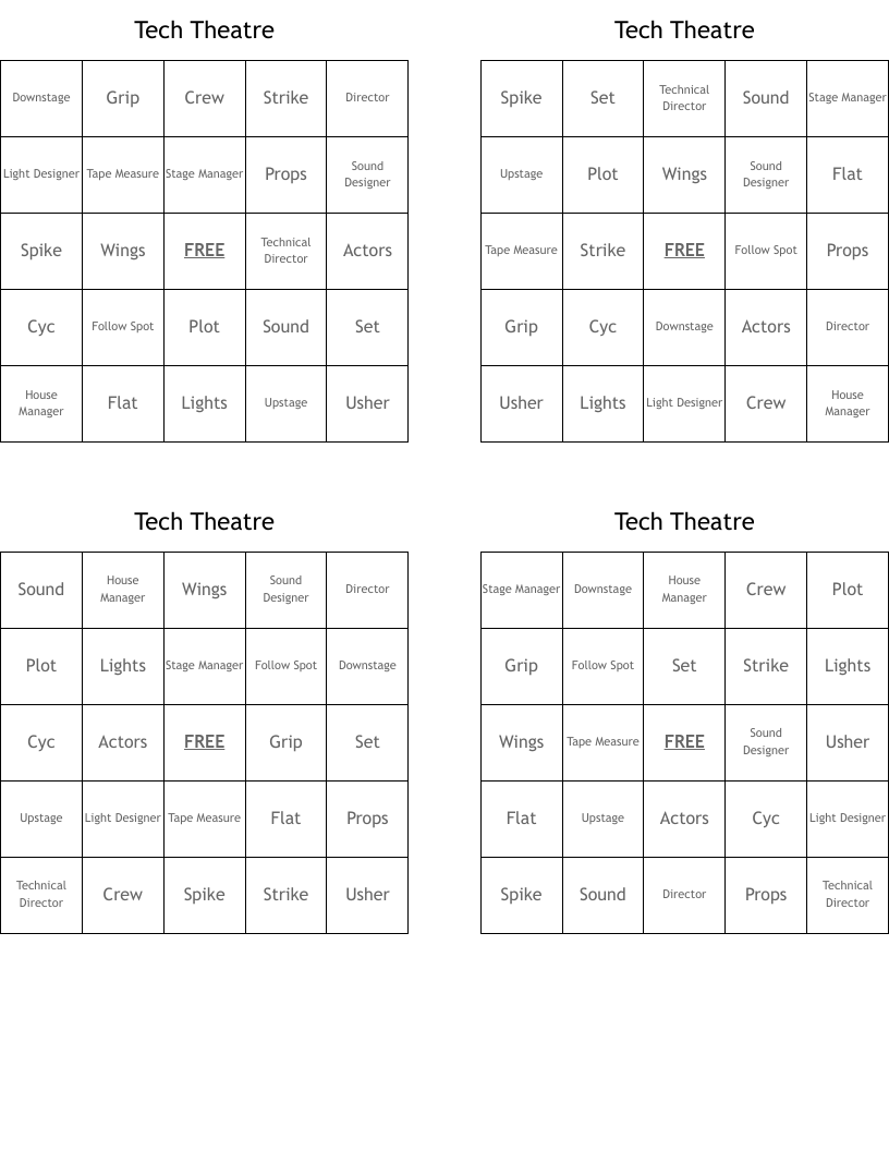 Tech Theatre Bingo Cards