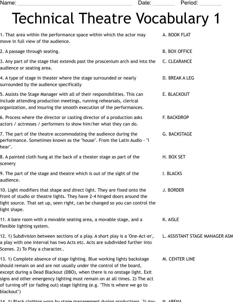 Technical Theatre Vocabulary 1 Worksheet