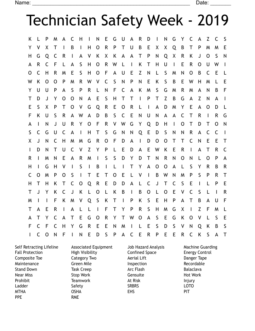 Technician Safety Week - 2019 Word Search