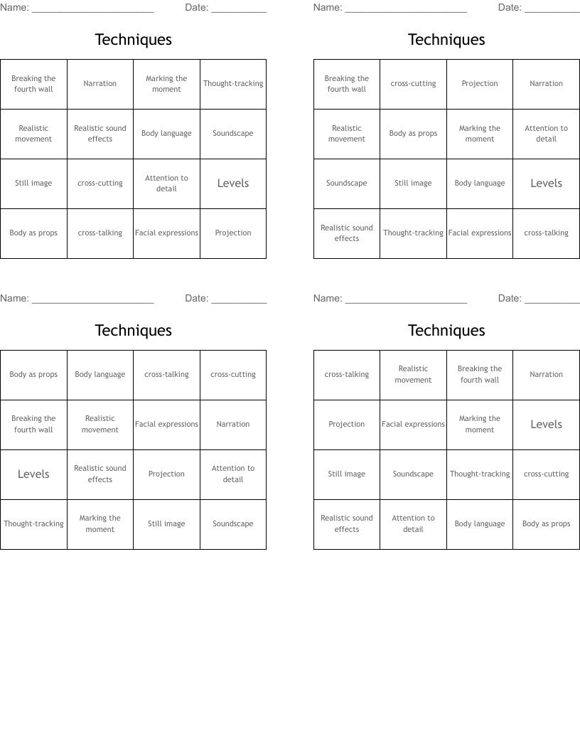 Techniques Bingo Cards