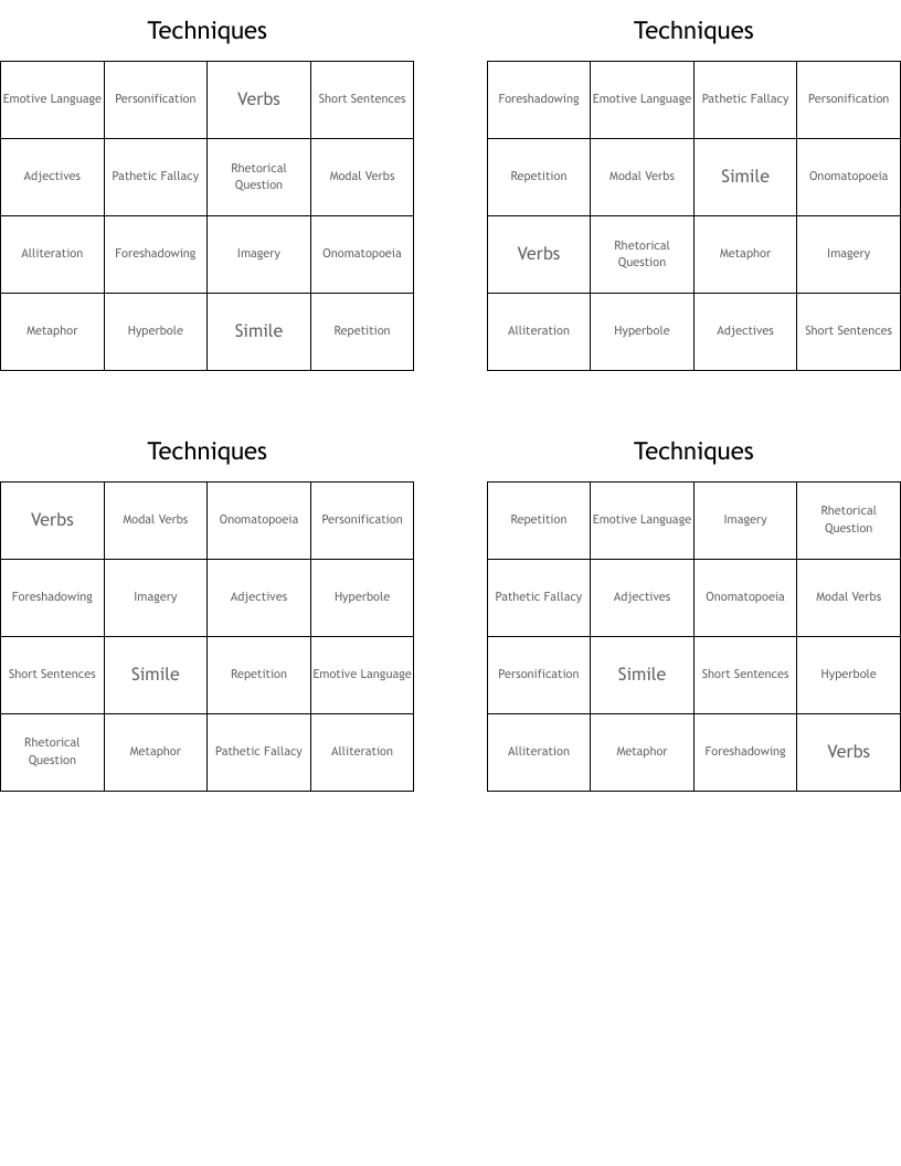 Techniques Bingo Cards