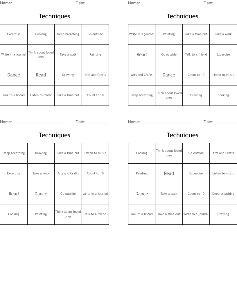 Techniques Bingo Cards