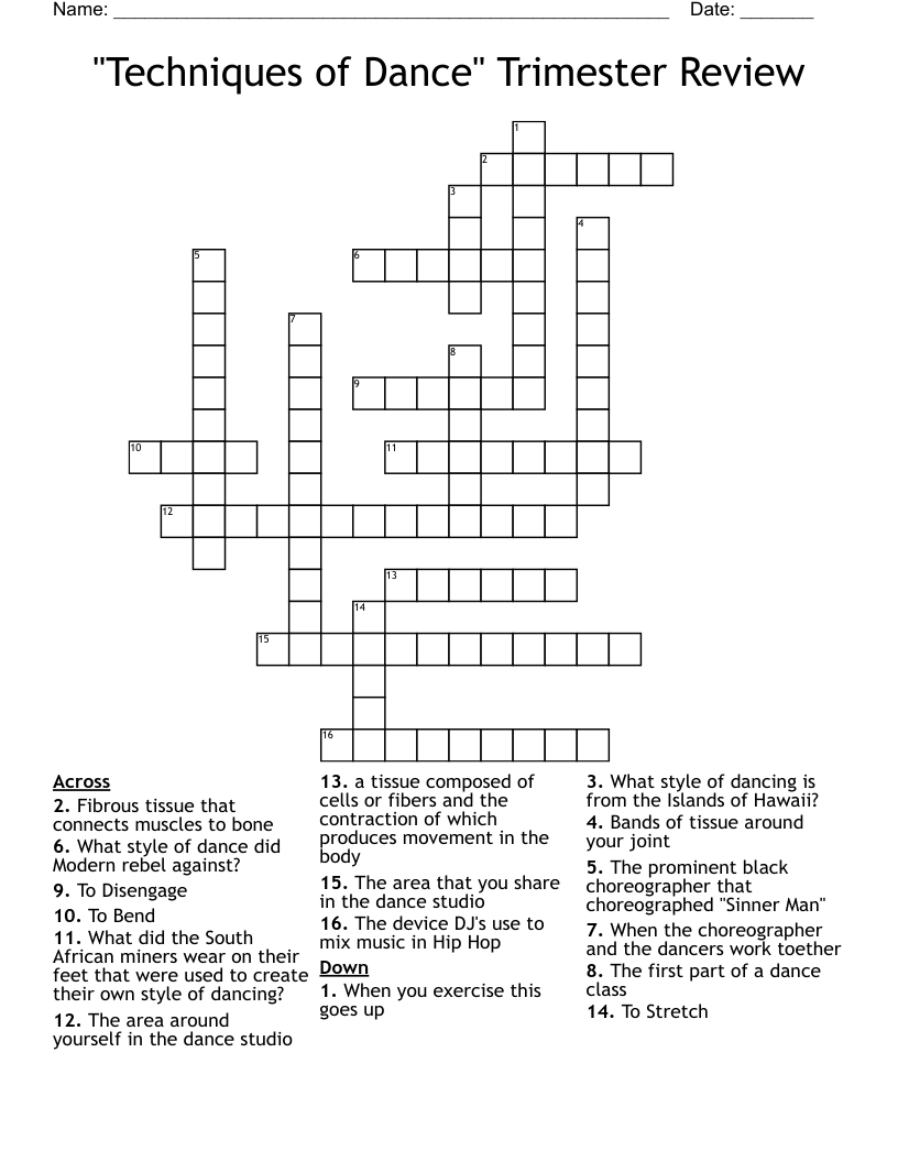 "Techniques of Dance" Trimester Review Crossword