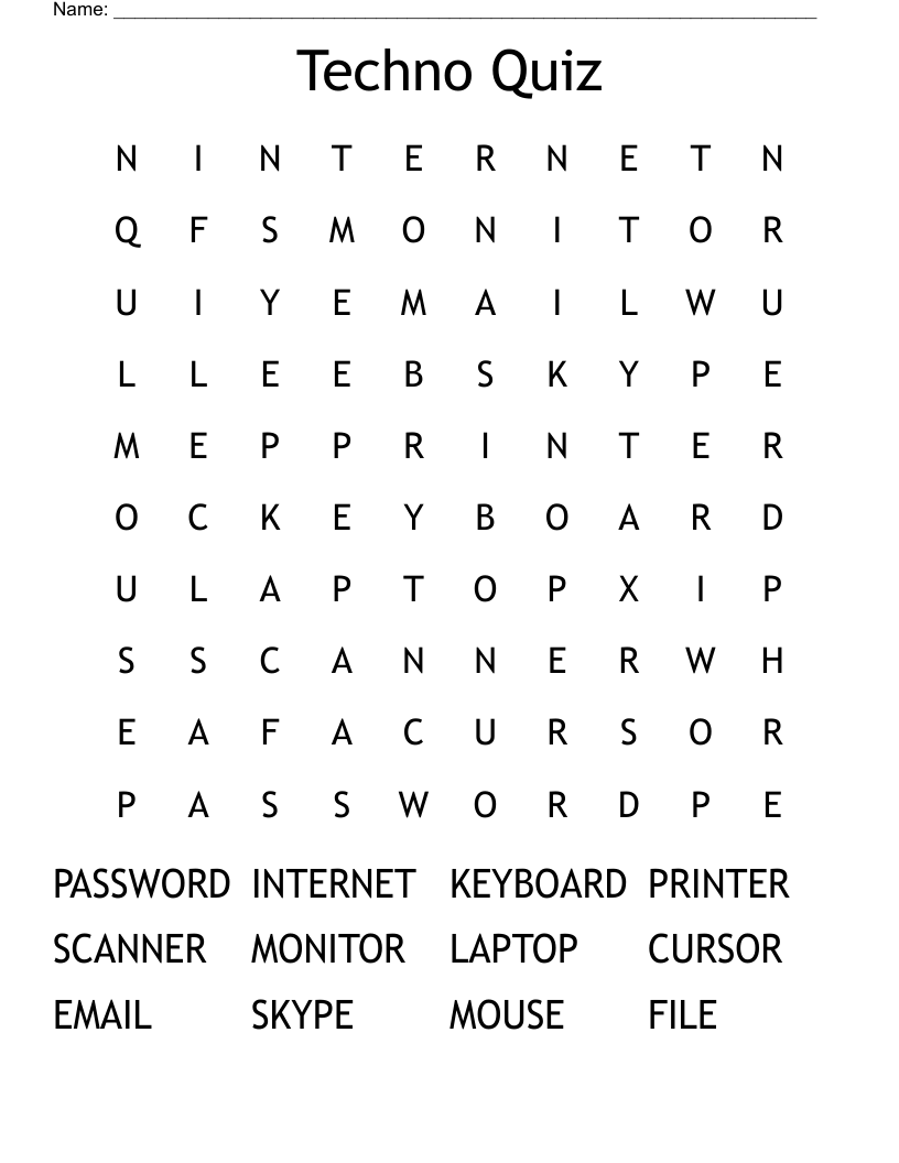 Techno Quiz Word Search