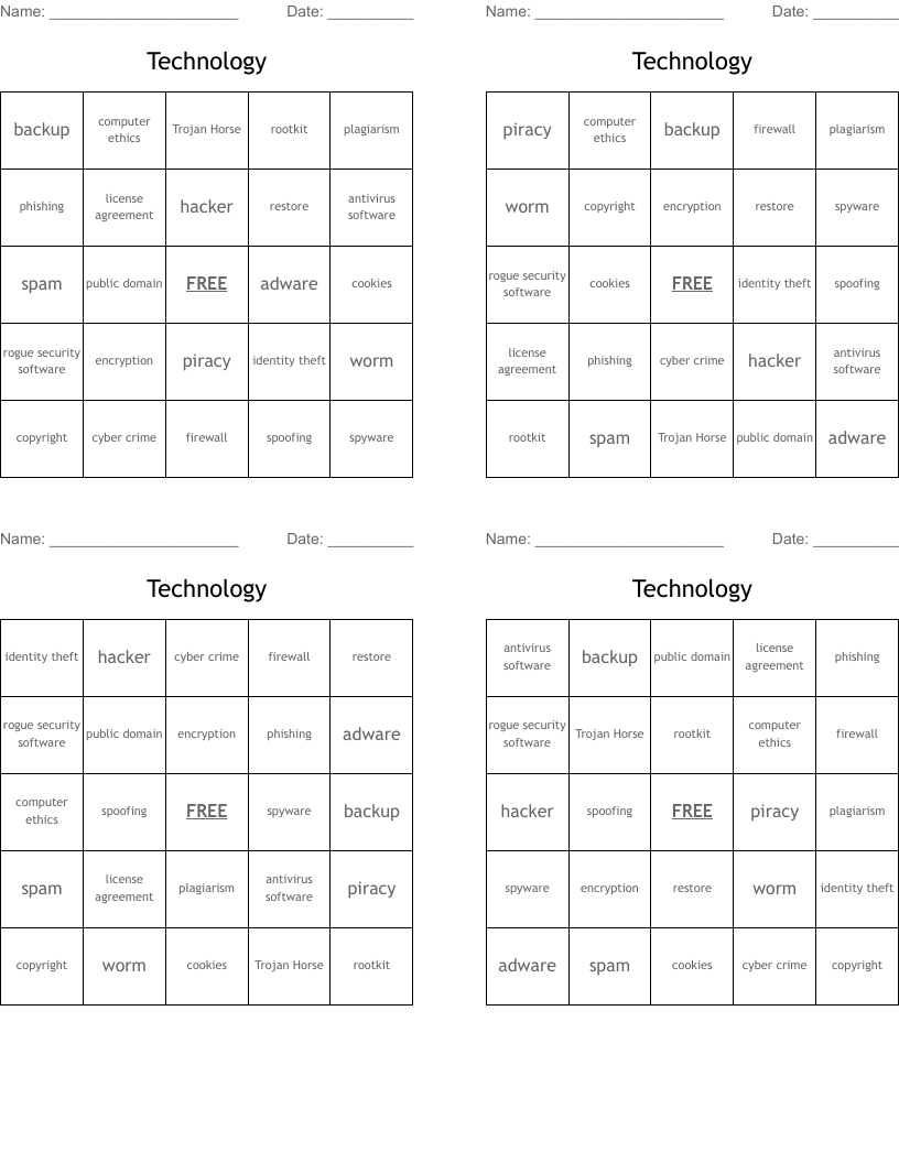 Technology Bingo Cards
