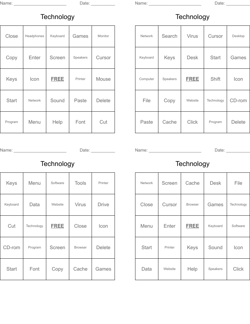 Technology Bingo Cards