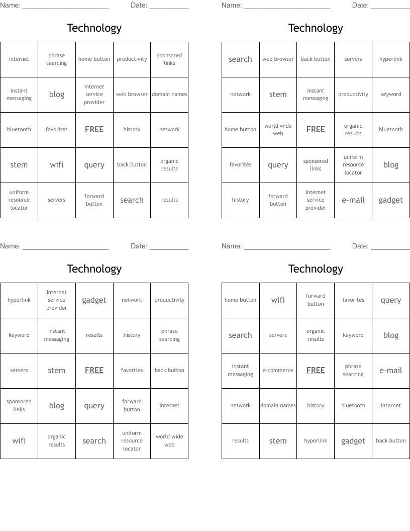 Technology Bingo Cards