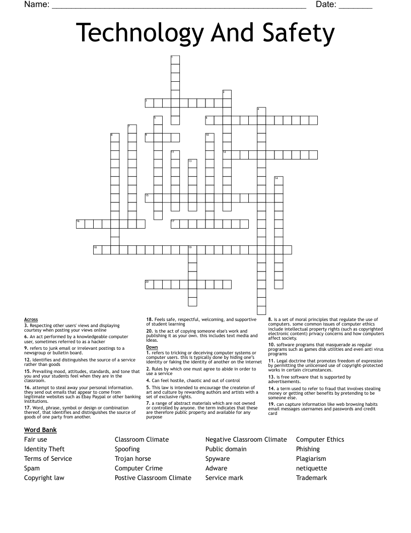 Technology And Safety Crossword