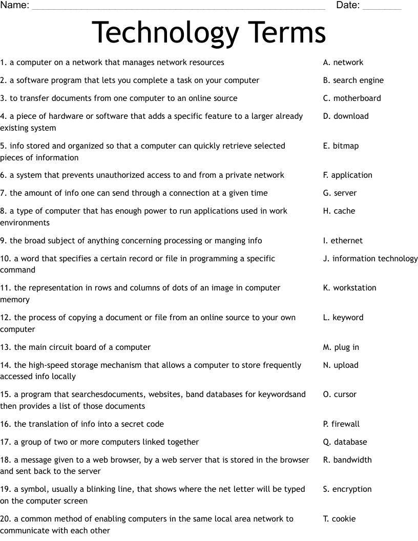 Technology Terms  Worksheet