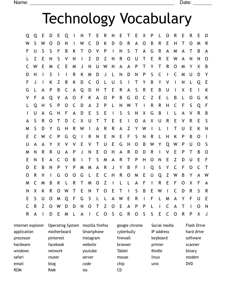 Technology Vocabulary Word Search