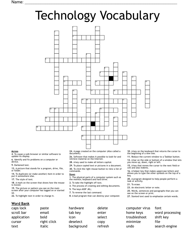 Technology Vocabulary Crossword