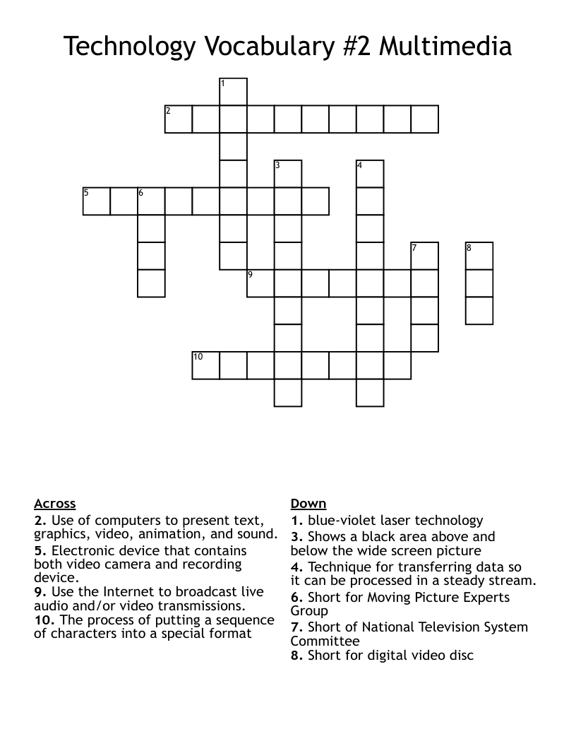 Technology Vocabulary #2  Multimedia Crossword