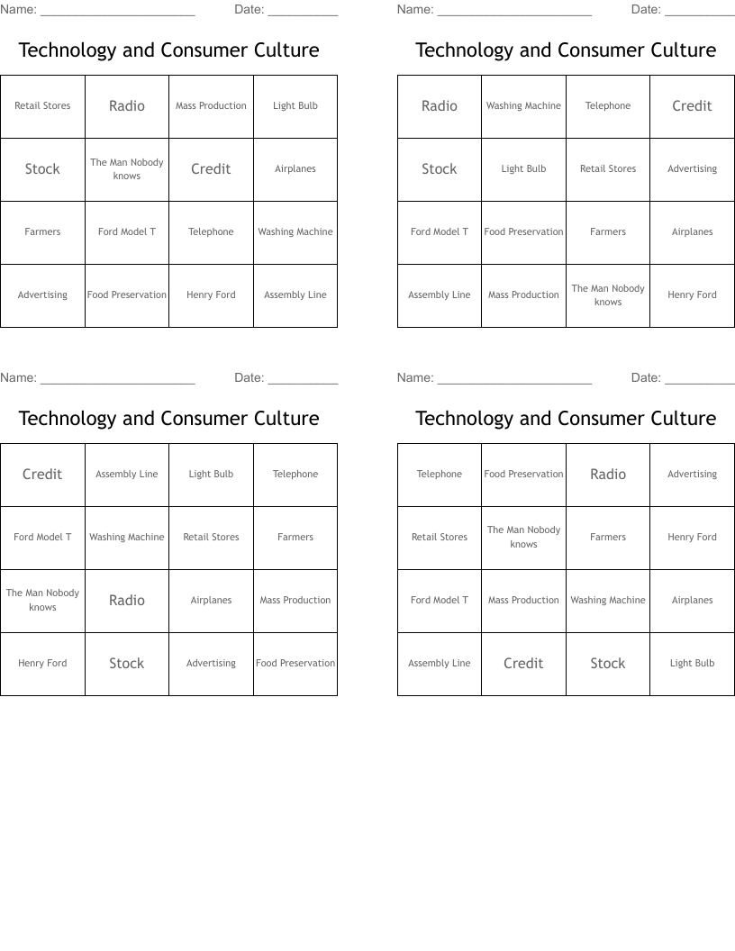 Technology and Consumer Culture Bingo Cards