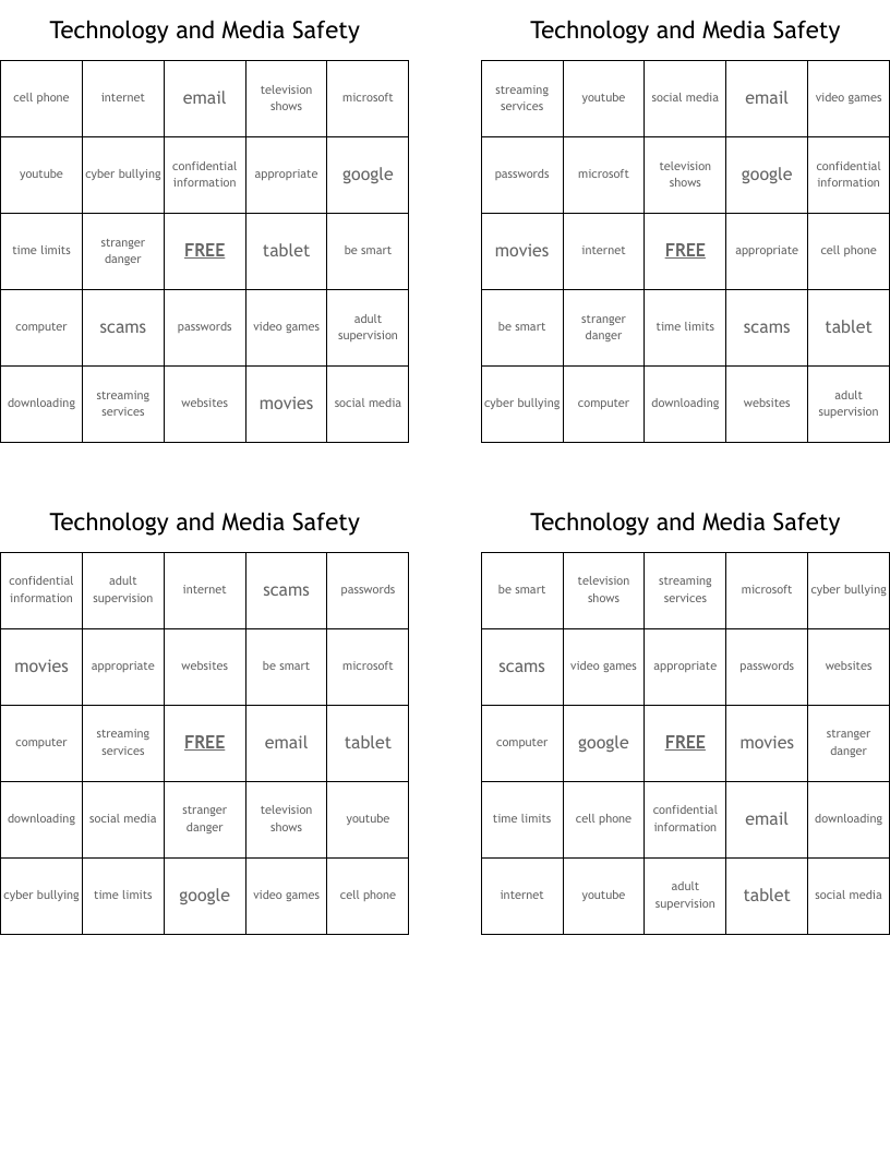 Technology and Media Safety Bingo Cards