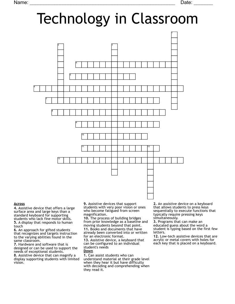 Technology in Classroom Crossword