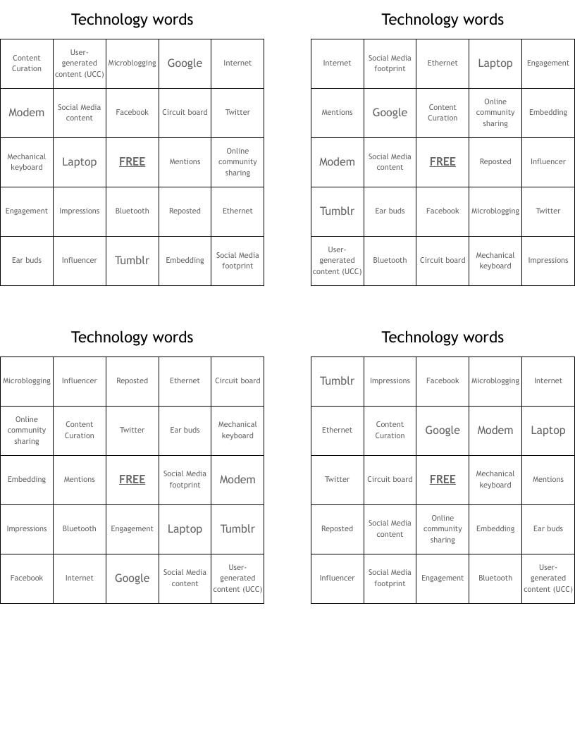Technology words Bingo Cards