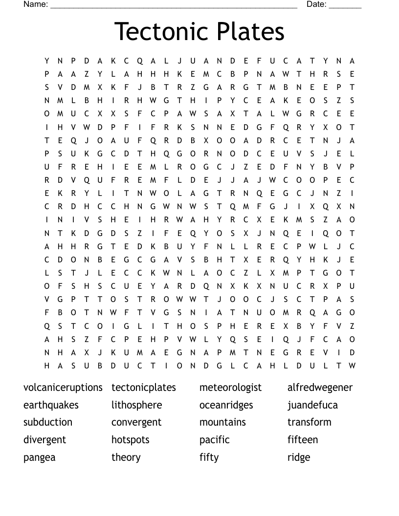 Tectonic Plates Word Search