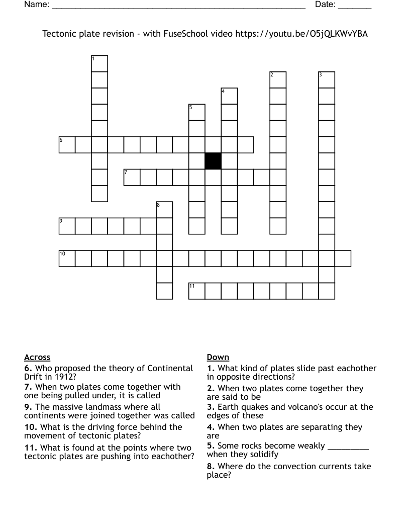 Tectonic plate revision - with FuseSchool video https://youtu.be/O5jQLKWvYBA Crossword