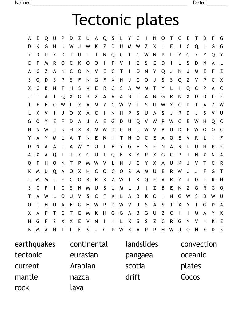 Tectonic plates Word Search