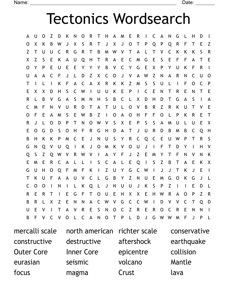 Tectonics Wordsearch
